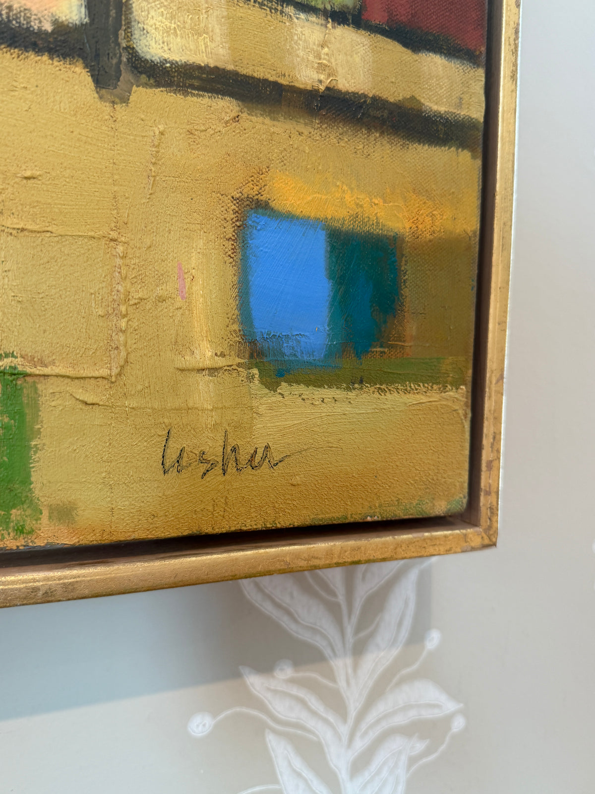 Carol Lesher Shelter Landscape Oil Painting in Natural Wood Floater Frame with Gold Facing