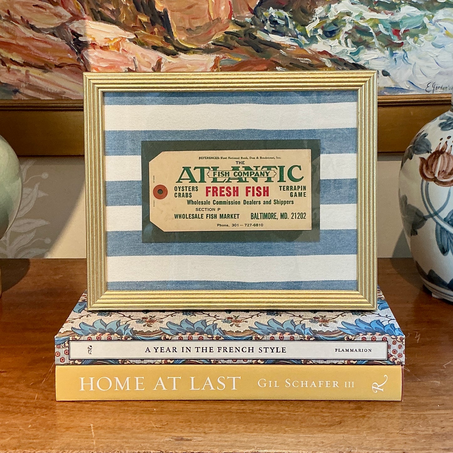 Vintage Fresh Fish Old Baltimore, Maryland Fishmonger's Tag on Blue and White Stripes in Gold Frame