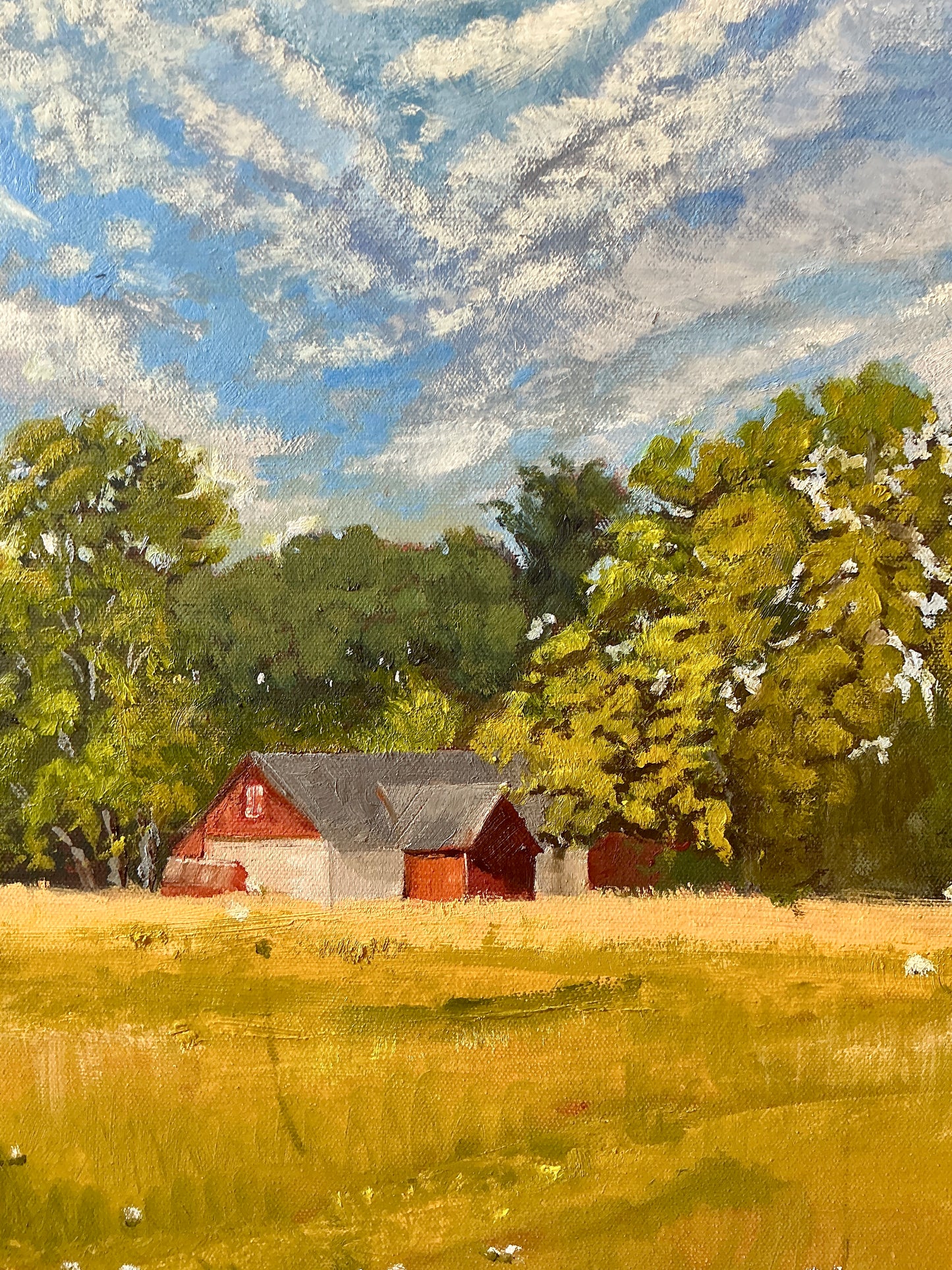 Martin Scherer Summer Barn Landscape Oil Painting in Gold Frame