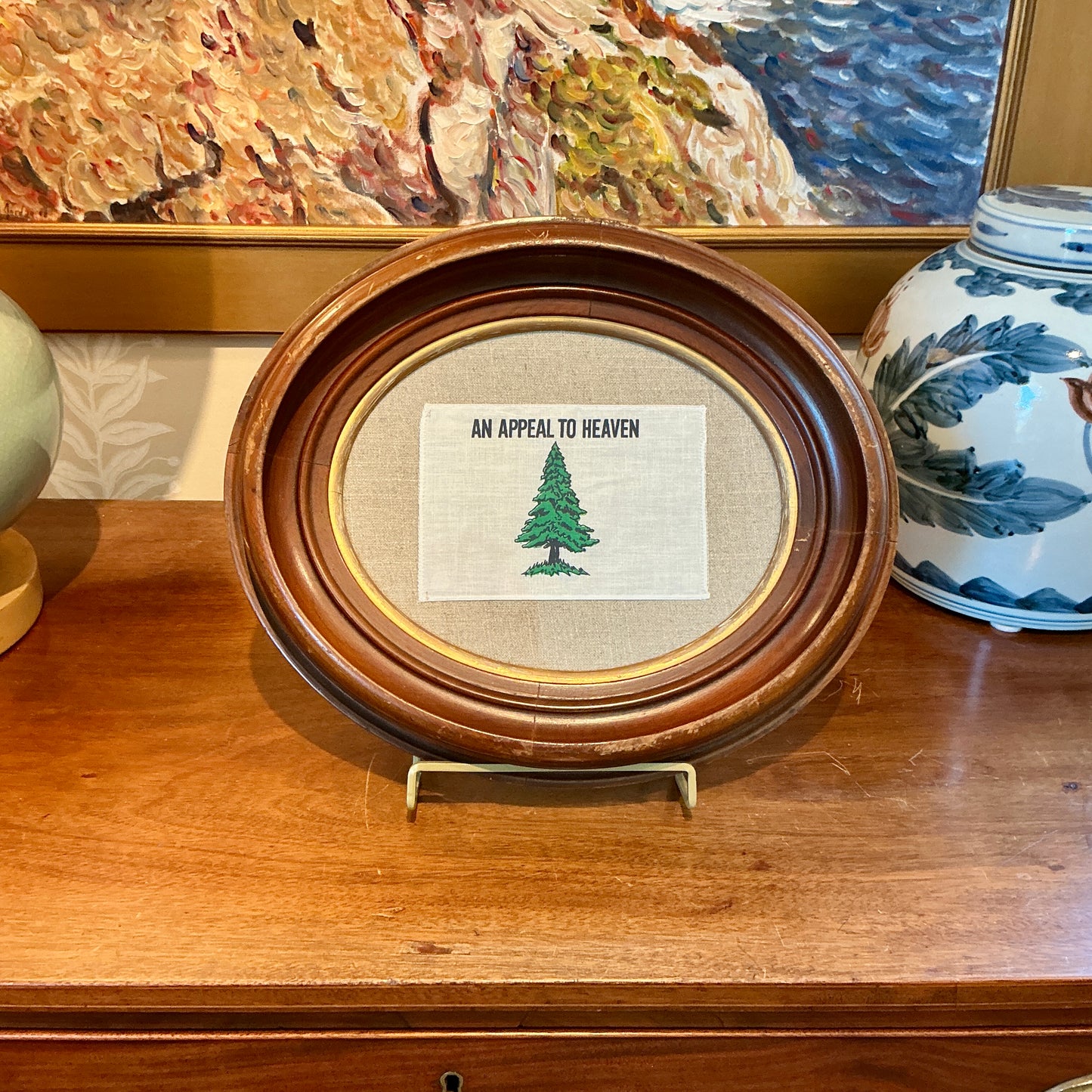 Vintage Pine Tree Flag on Taupe Cloth in Oval Wooden Frame with Gilded Liner