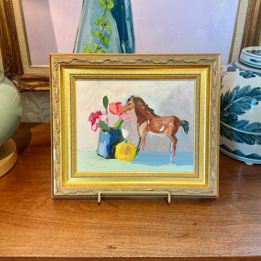 Gretchen McGinnis Little Giddy Up Still Life Oil Painting in Gold Frame