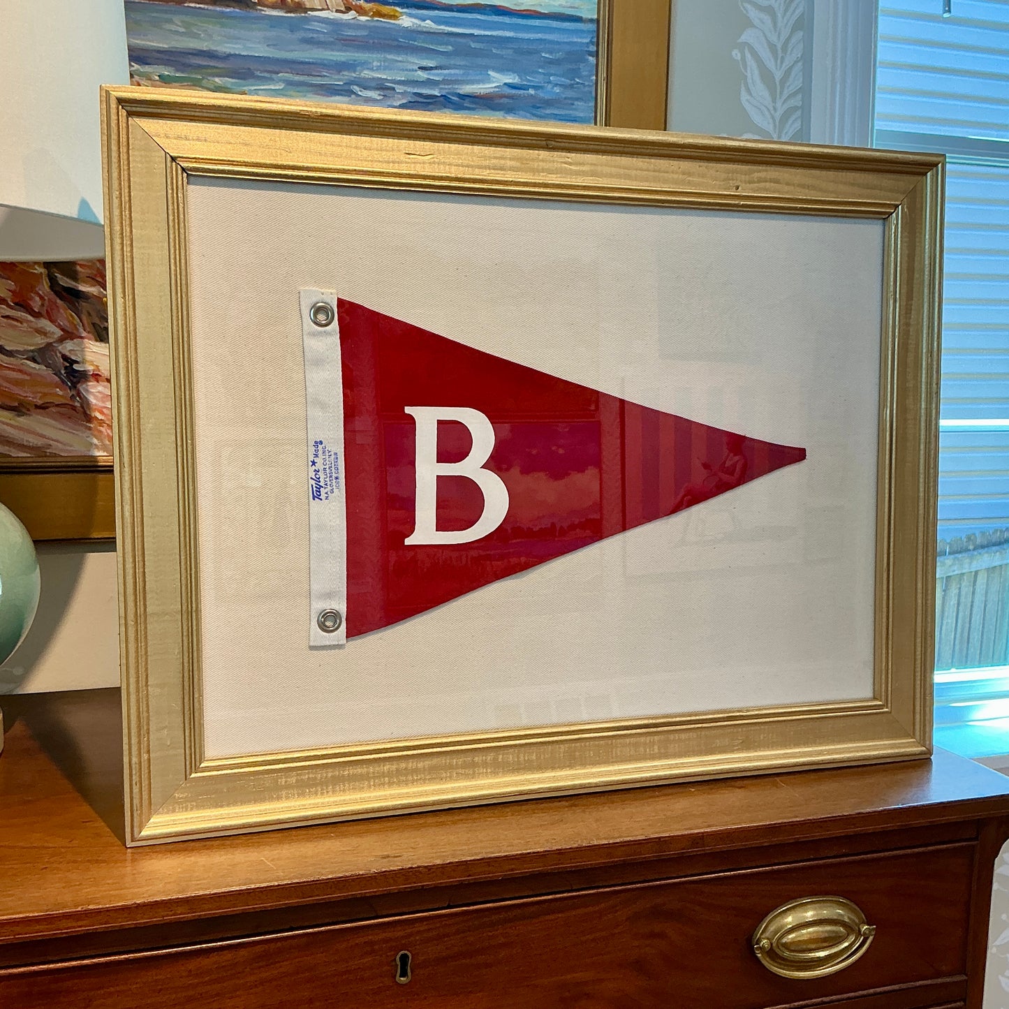 Vintage Red Canvas "B" Burgee Nautical Flag on Ivory Duck Cloth in Gold Frame