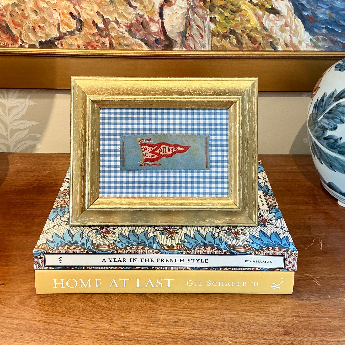 Antique Atlantic Yacht Club Tobacco Silk on Blue Gingham in Gold Frame