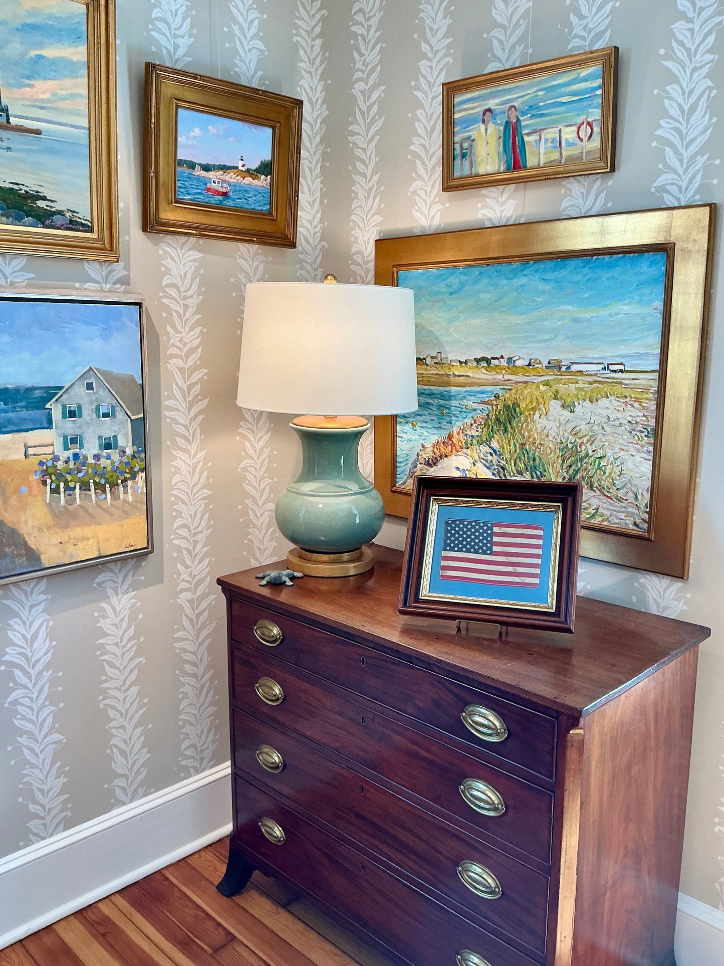 Vintage 50 Star American Flag on French Blue Twill in 19th Century Wood Frame with Gilded Liner