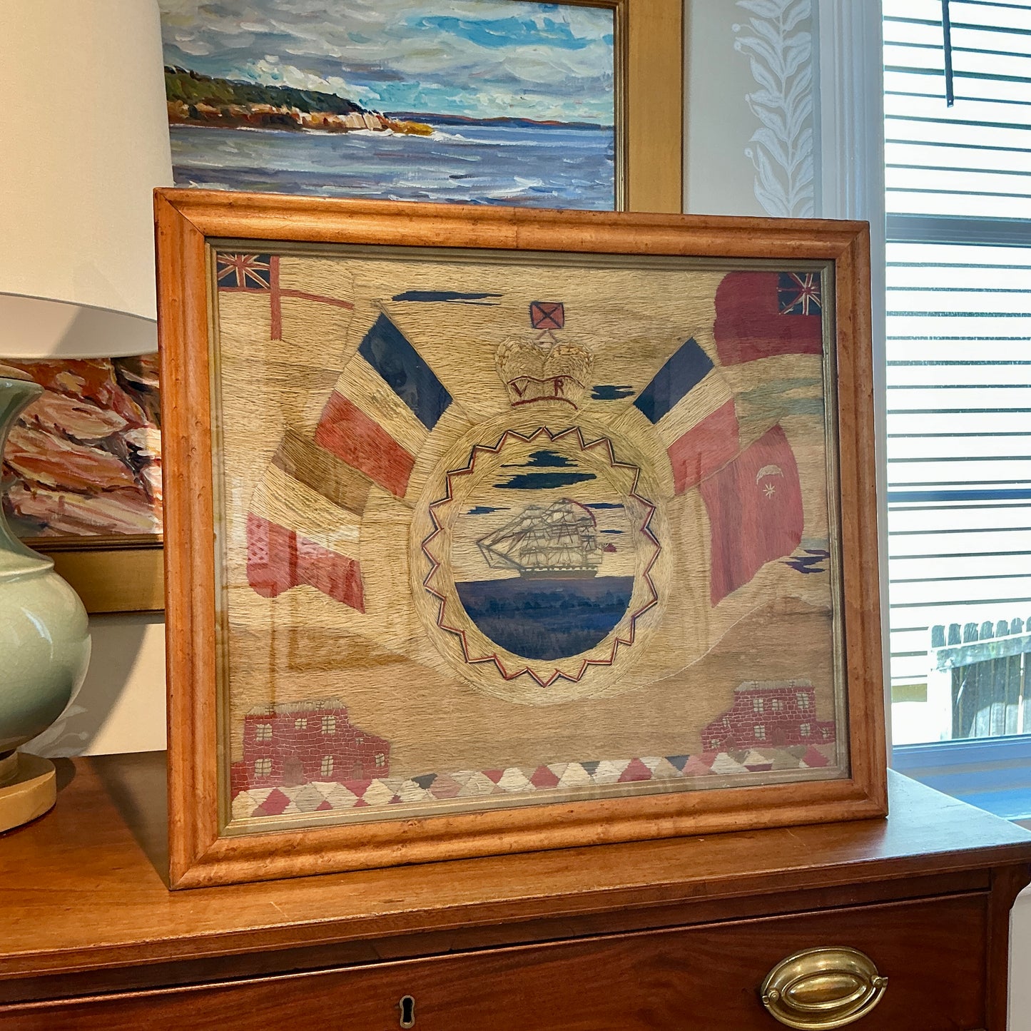 19th Century Sailor's Woolwork Woolie Porthole View of a Sailship in Antique Birdseye Maple Frame