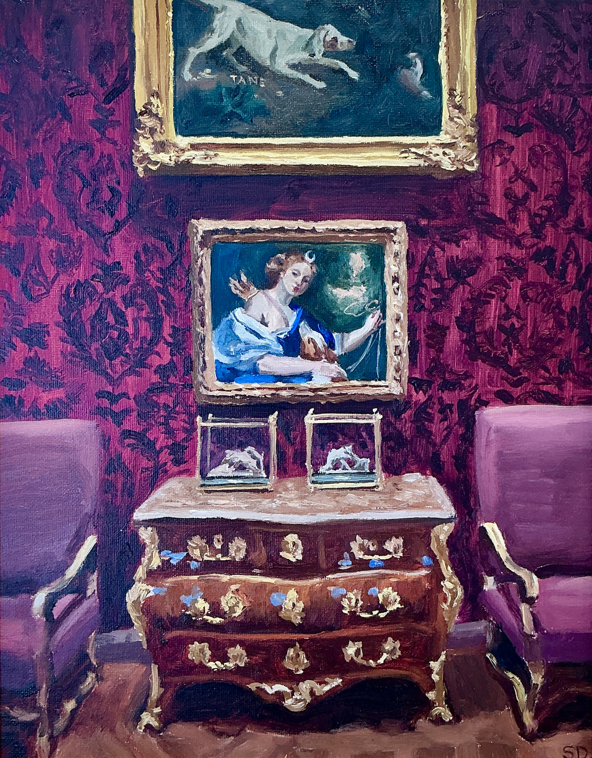 Stephanie Doucet Diana The Huntress French Interior Oil Painting in Gold Frame