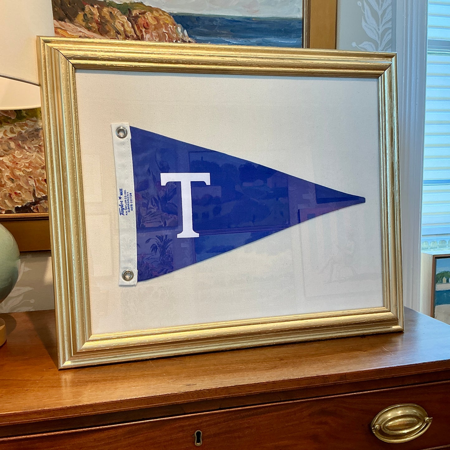 Vintage Blue Canvas "T" Burgee Nautical Flag on Ivory Duck Cloth in Gold Frame