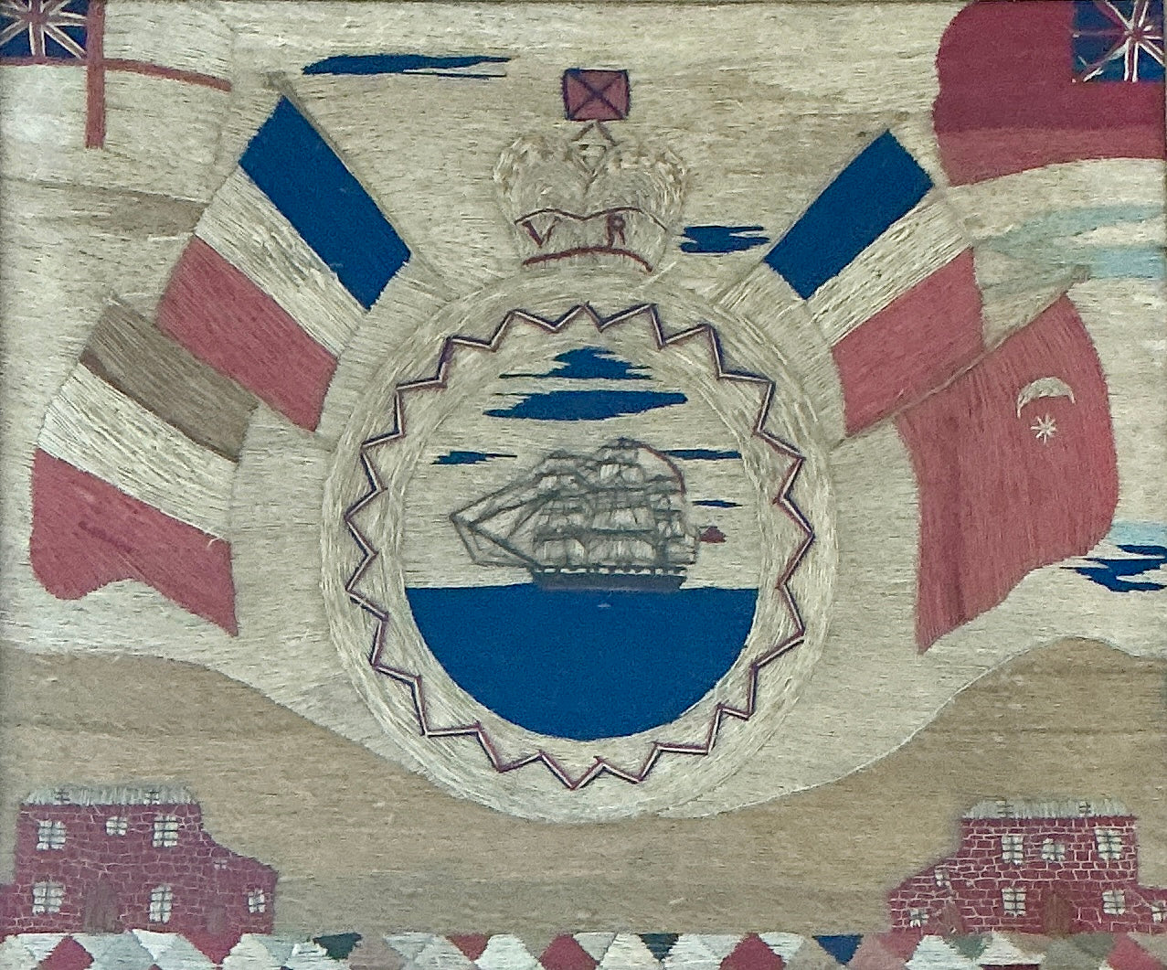 19th Century Sailor's Woolwork Woolie Porthole View of a Sailship in Antique Birdseye Maple Frame