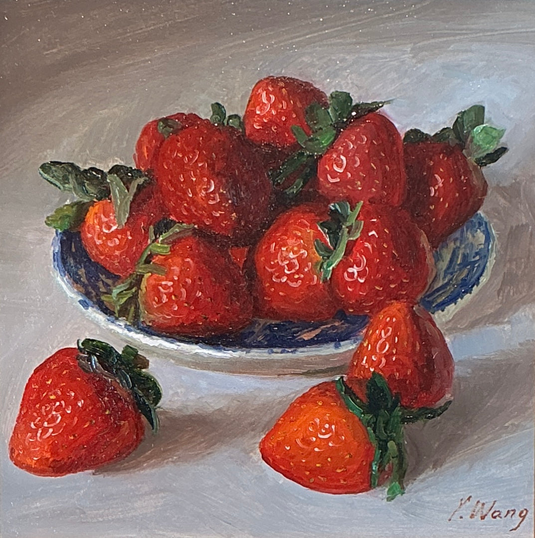 Youqing Wang Strawberries in Blue and White Bowl Still Life Oil Painting in Gold Frame