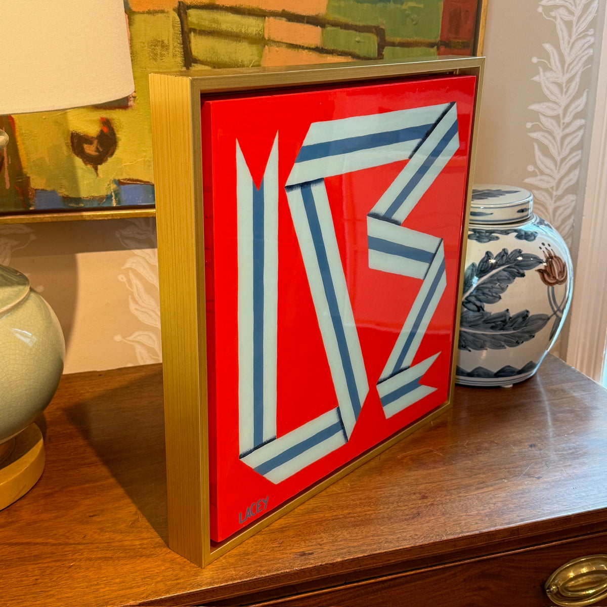 Lacey Craig Hooper Strawberry Ribbon Series Painting in Gold Floater Frame