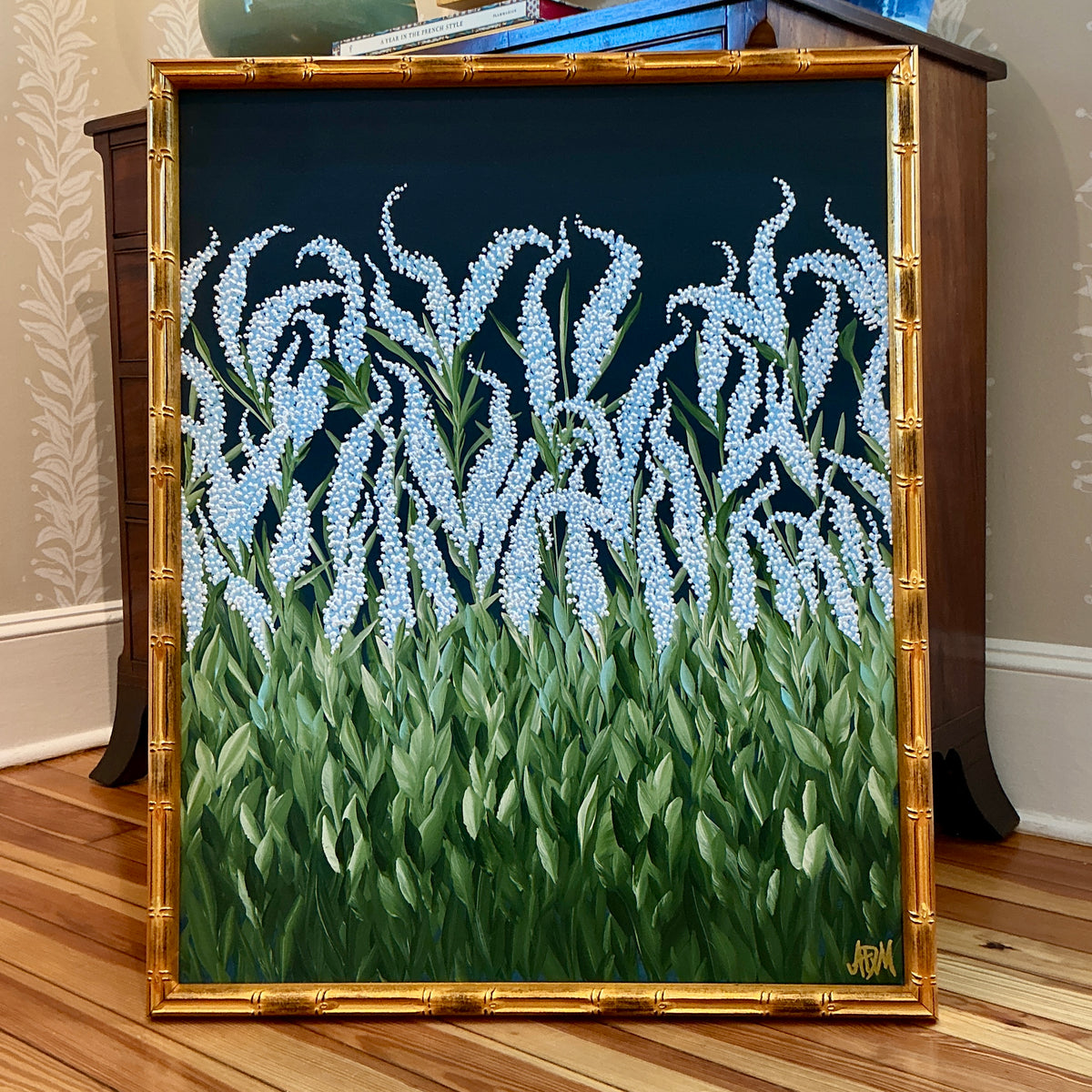 Alison Diamond McElroy Midnight Garden I Abstract Floral Painting in Gold Bamboo Frame