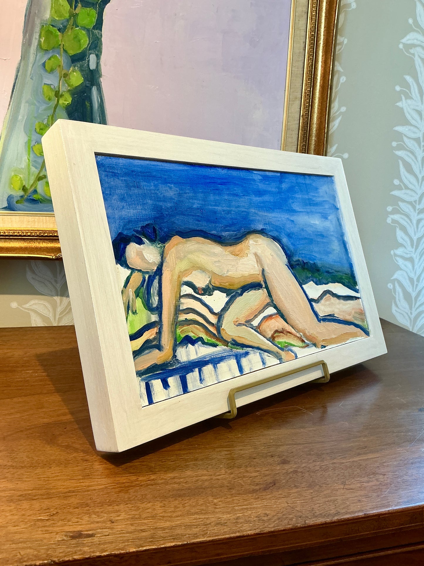 Gretchen McGinnis Summer Stripes in Blue Nude Portrait Oil Painting in White Wood Frame