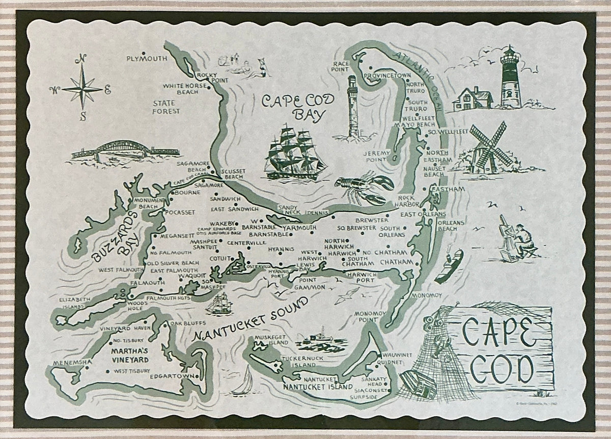1962 Vintage Cape Cod Nantucket Martha's Vineyard Placemat Map on Taupe Stripes in Gold Frame