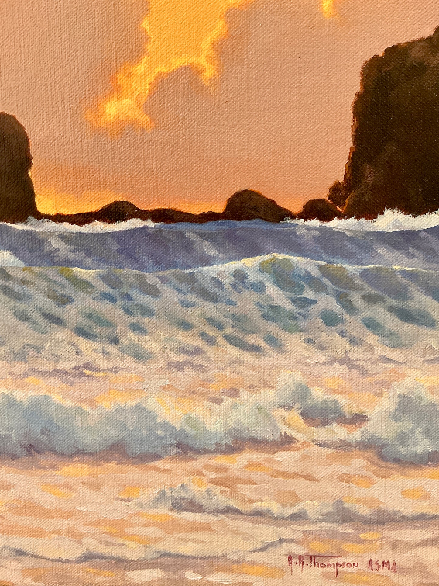 Anthony R. Thompson Sunset Quepos Seascape Oil Painting in Ornate Gold Frame