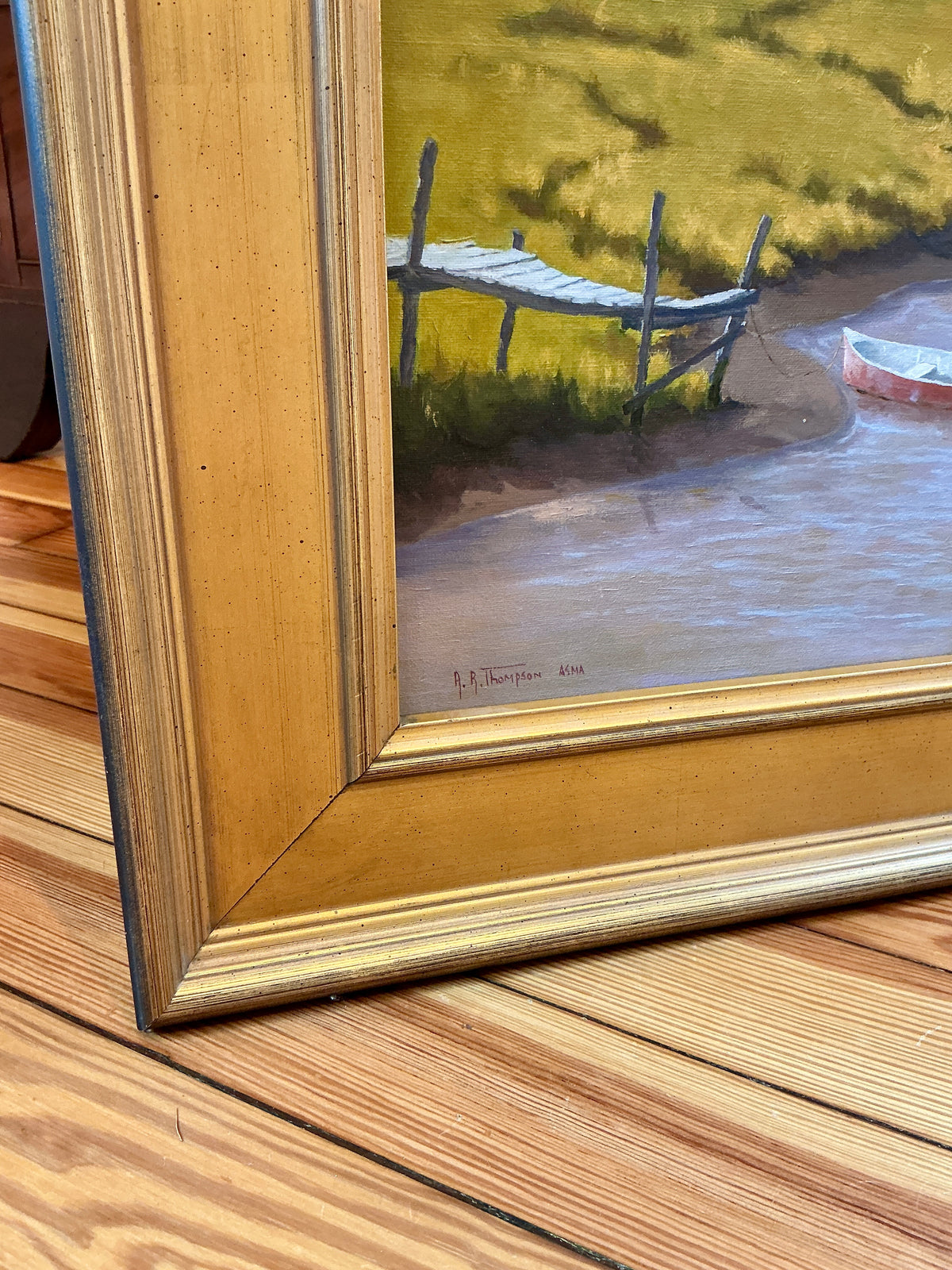 Anthony R. Thompson Village By A Marsh Coastal Landscape Oil Painting in Gold Frame