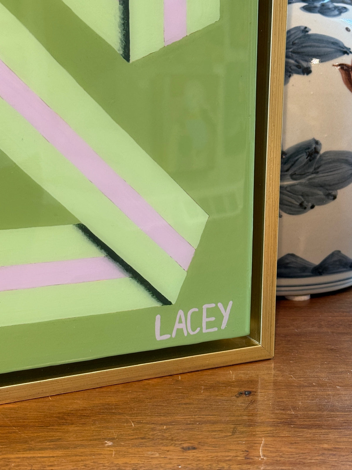 Lacey Craig Hooper Kiwi Ribbon Series Painting in Gold Floater Frame