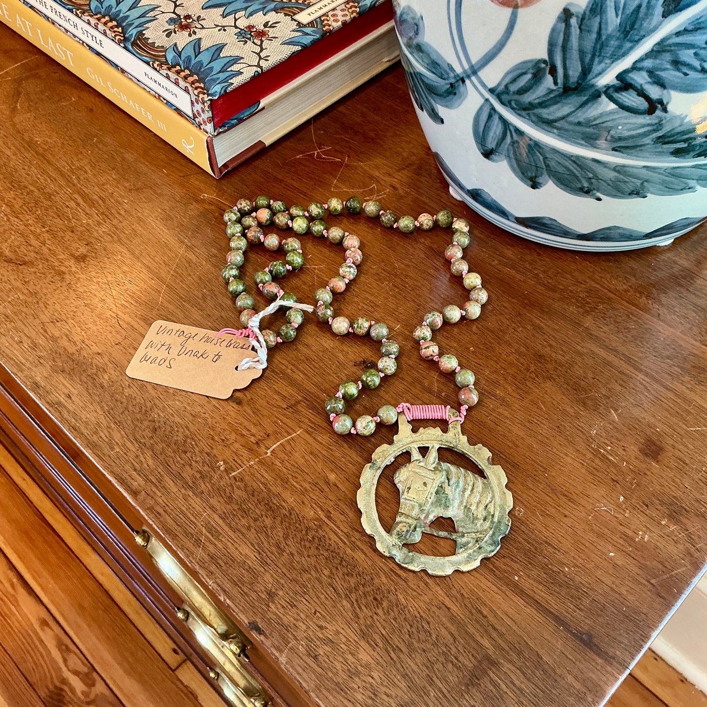 Antique English Horse Brass Horse Medallion Unakite Beaded Hand Knotted Necklace