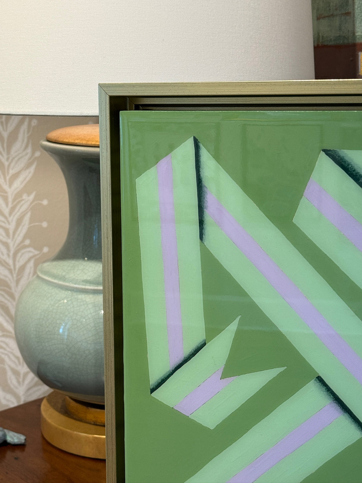 Lacey Craig Hooper Kiwi Ribbon Series Painting in Gold Floater Frame