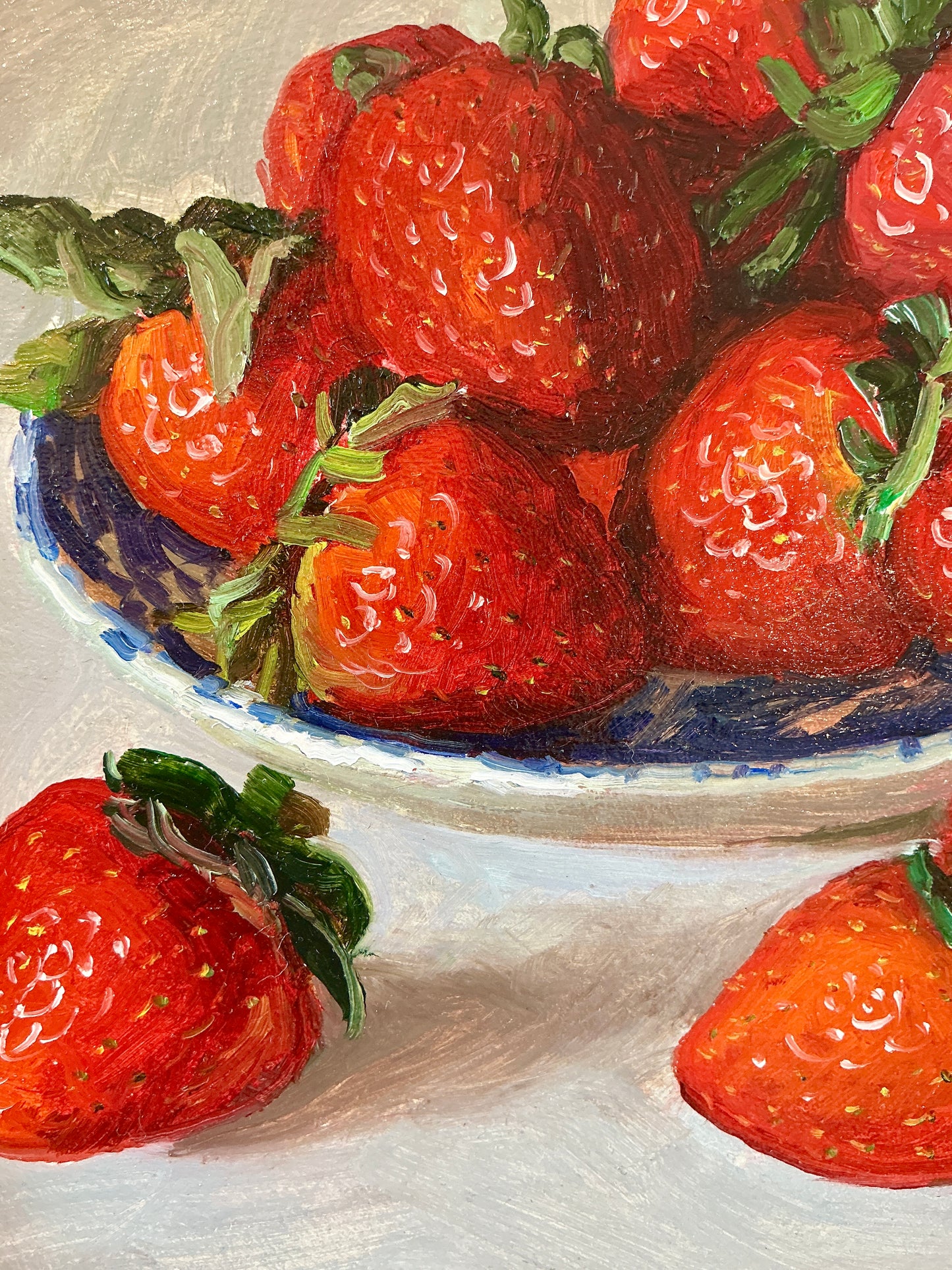 Youqing Wang Strawberries in Blue and White Bowl Still Life Oil Painting in Gold Frame