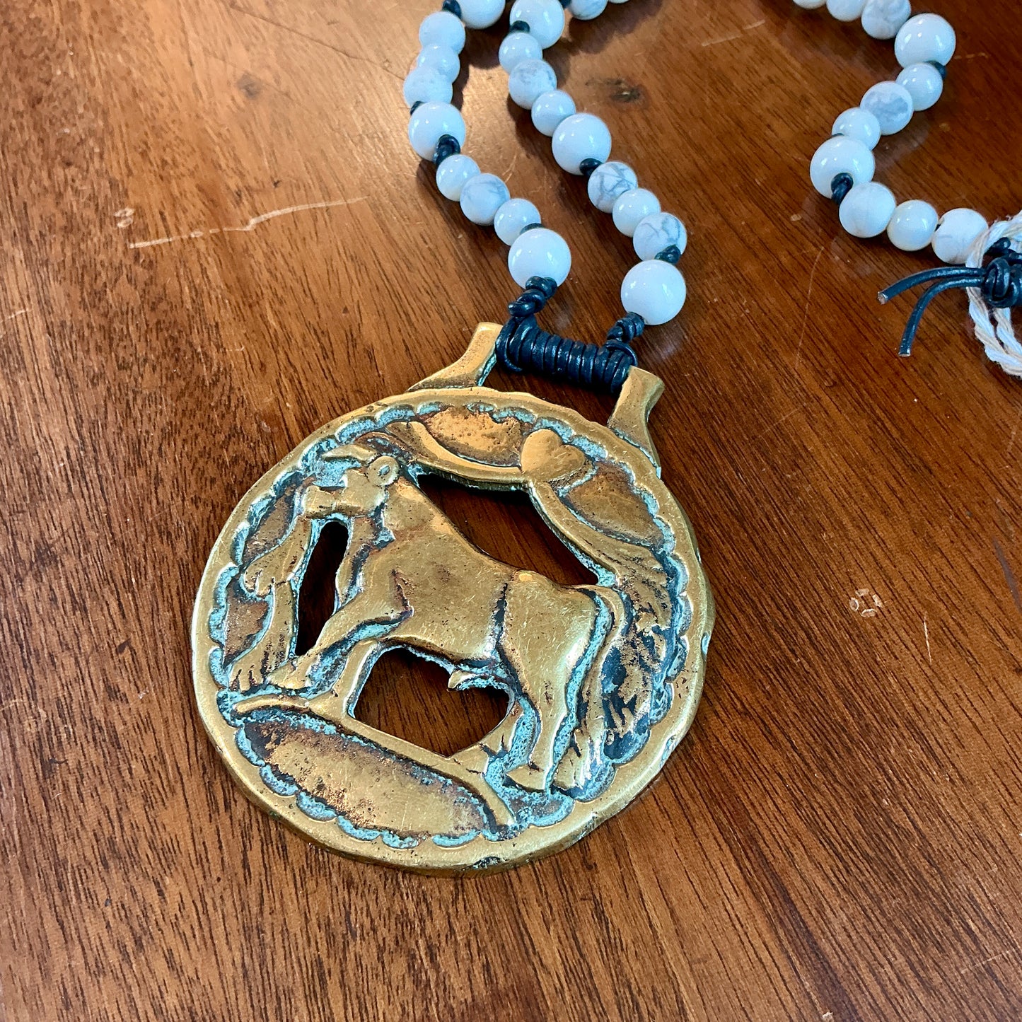 Antique English Horse Brass Cow Medallion Labradorite and Howlite Beaded Hand Knotted Necklace