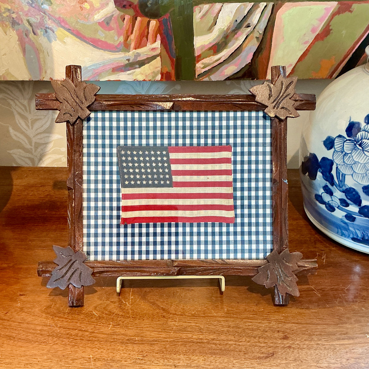 Vintage 48 Star American Flag on Navy Gingham in Antique Adirondack Stick Frame