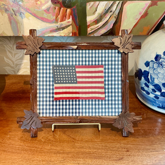 Vintage 48 Star American Flag on Navy Gingham in Antique Adirondack Stick Frame