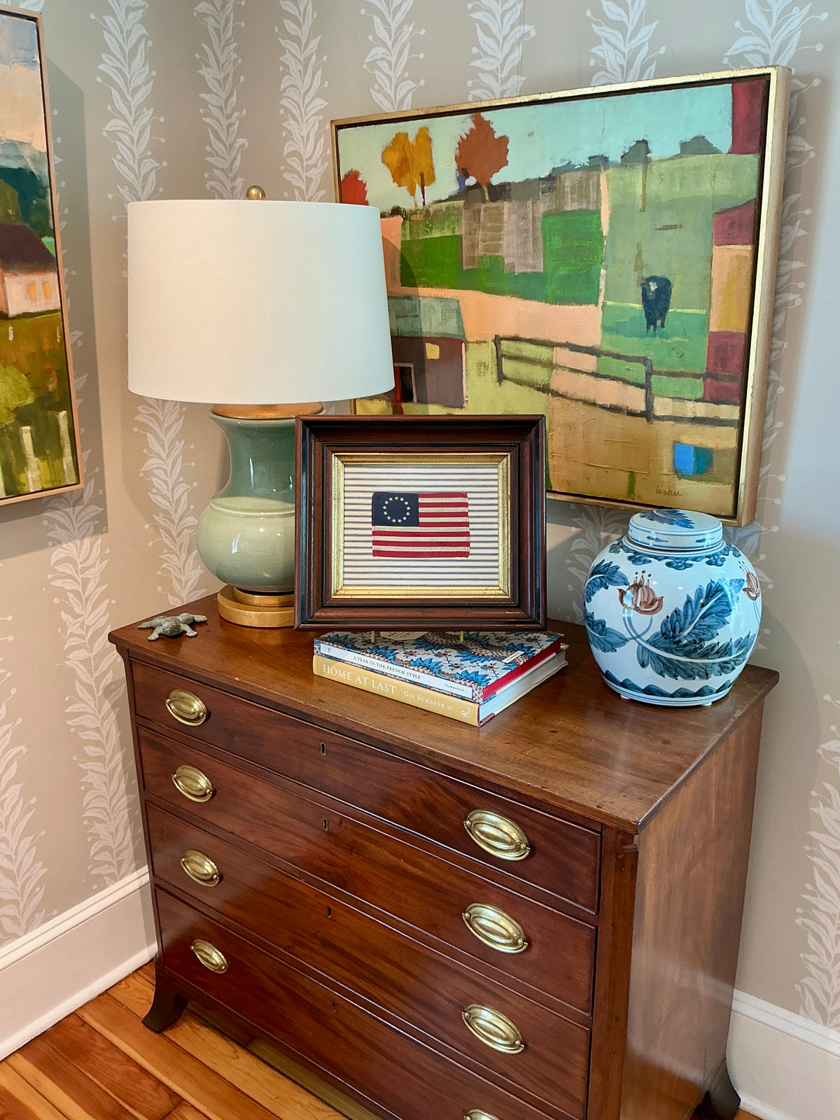 Vintage 13 Star American Betsy Ross Parade Flag on Blue and White Stripes in Antique Wood and Gilded Frame