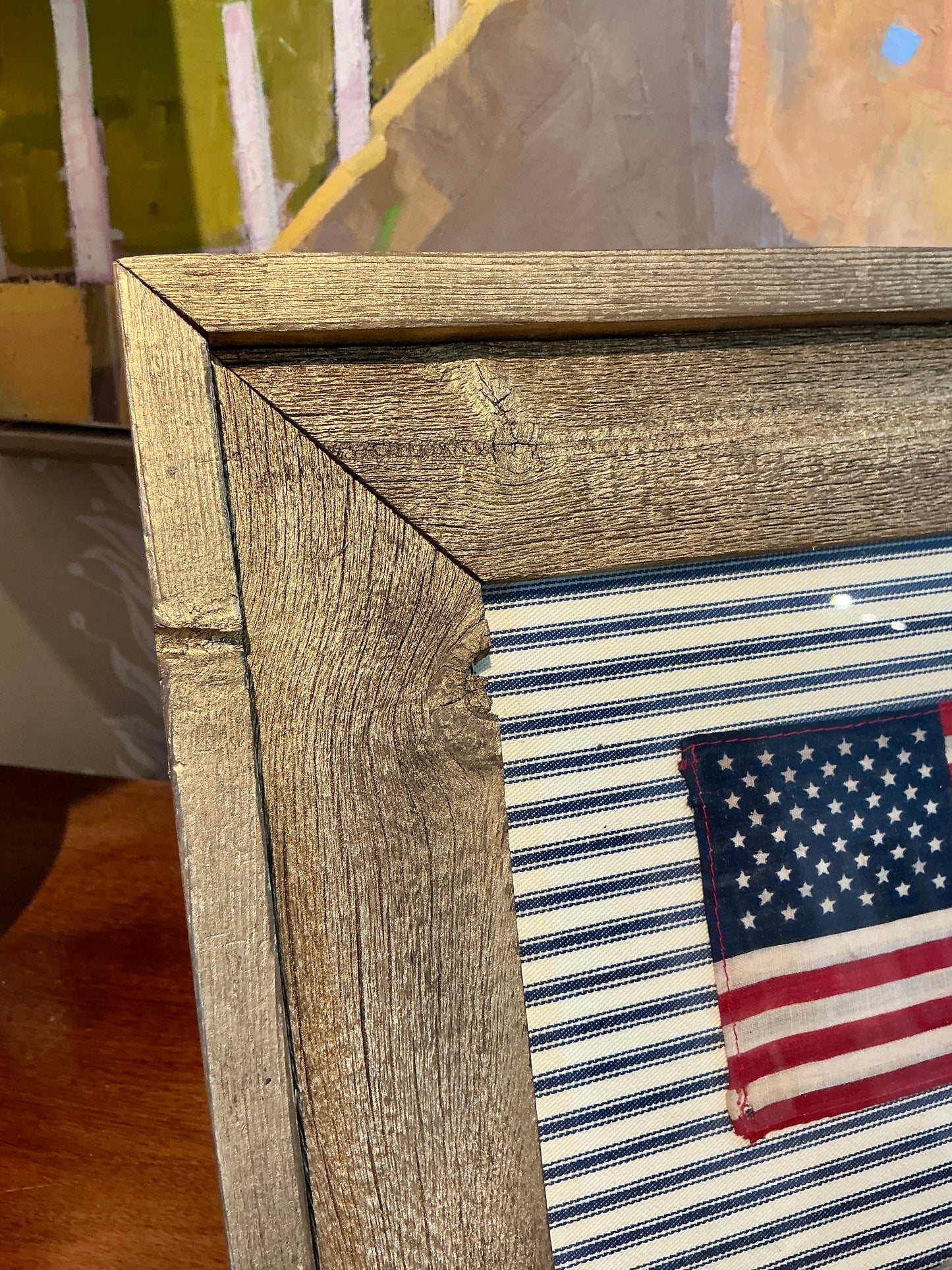 Vintage 50 Star American Flag on Blue and White Stripes in Gold Wood Frame