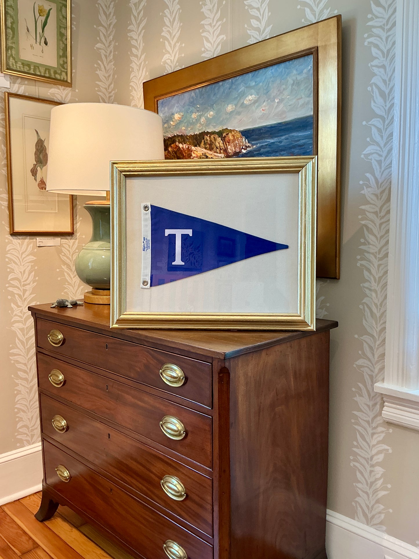 Vintage Blue Canvas "T" Burgee Nautical Flag on Ivory Duck Cloth in Gold Frame