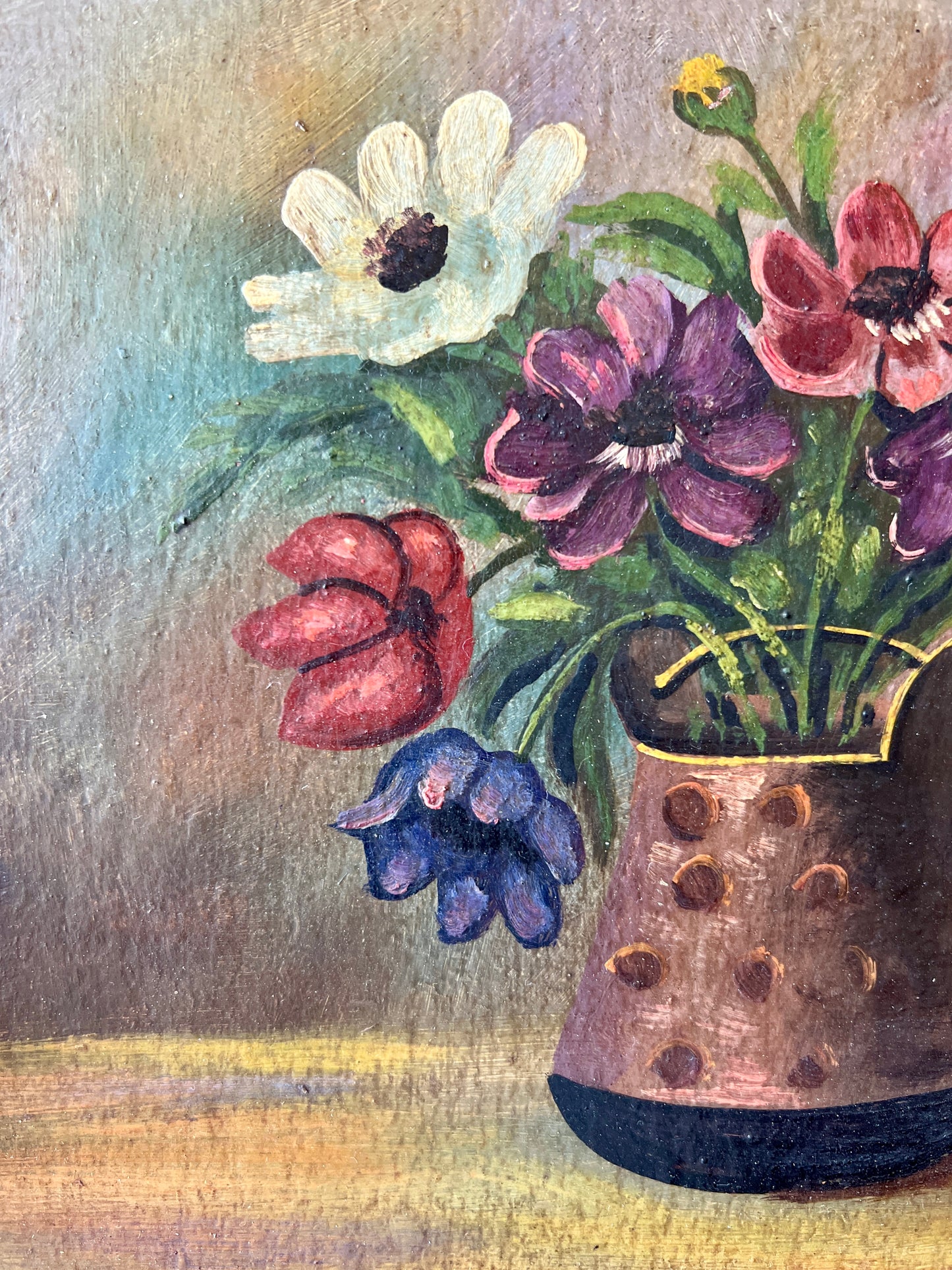 Antique Early 20th century Anenomes in Polka Dot Vase Still Life Oil Painting in Original Gold Frame