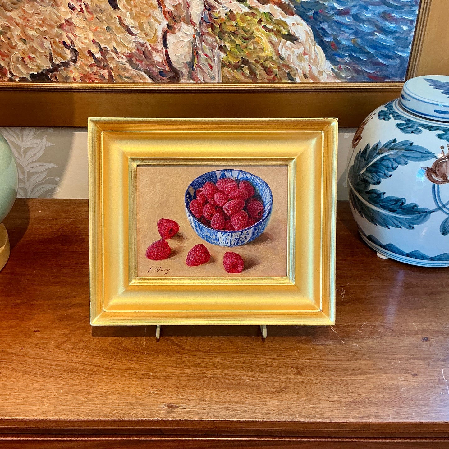 Youqing Wang Red Raspberries In A Blue And White Bowl in Gold Frame