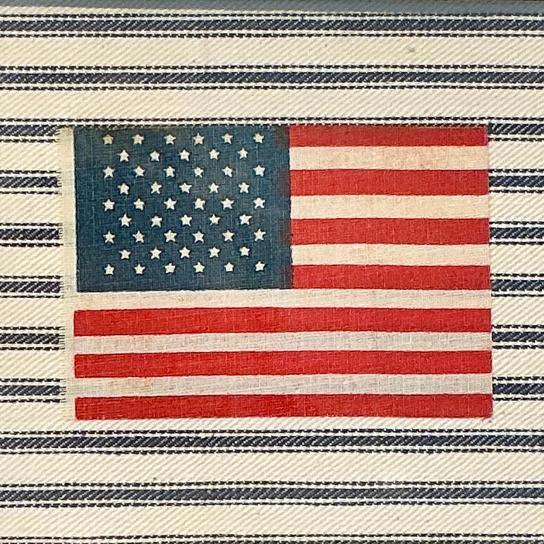 Vintage 50 Star American Parade Flag on Blue and White Stripes in Wood Frame with Gilded Liner