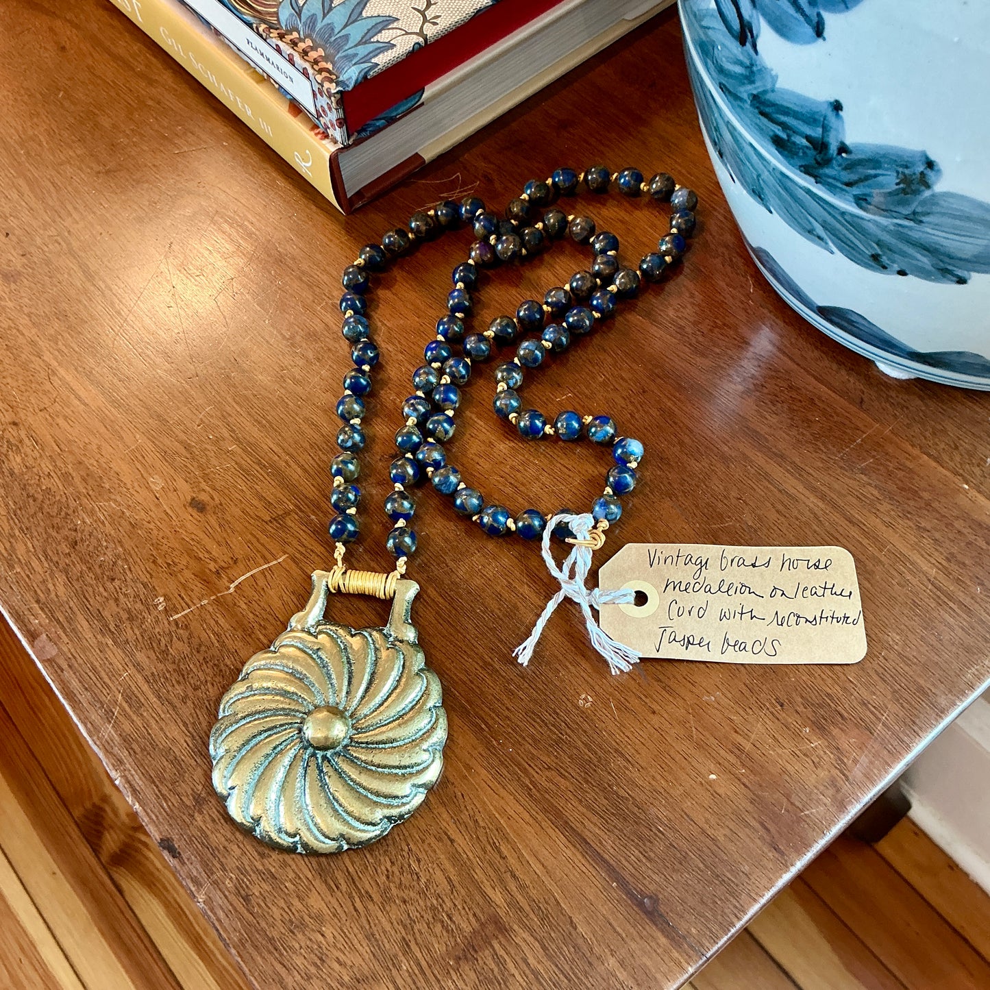 Antique English Horse Brass Floral Medallion Blue Jasper Beaded Hand Knotted Necklace