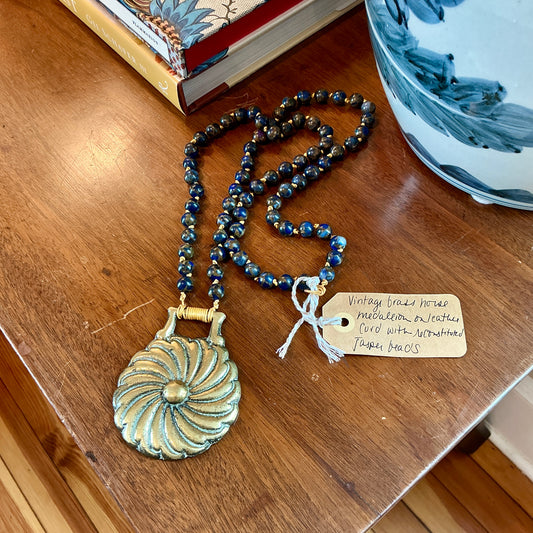 Antique English Horse Brass Floral Medallion Blue Jasper Beaded Hand Knotted Necklace