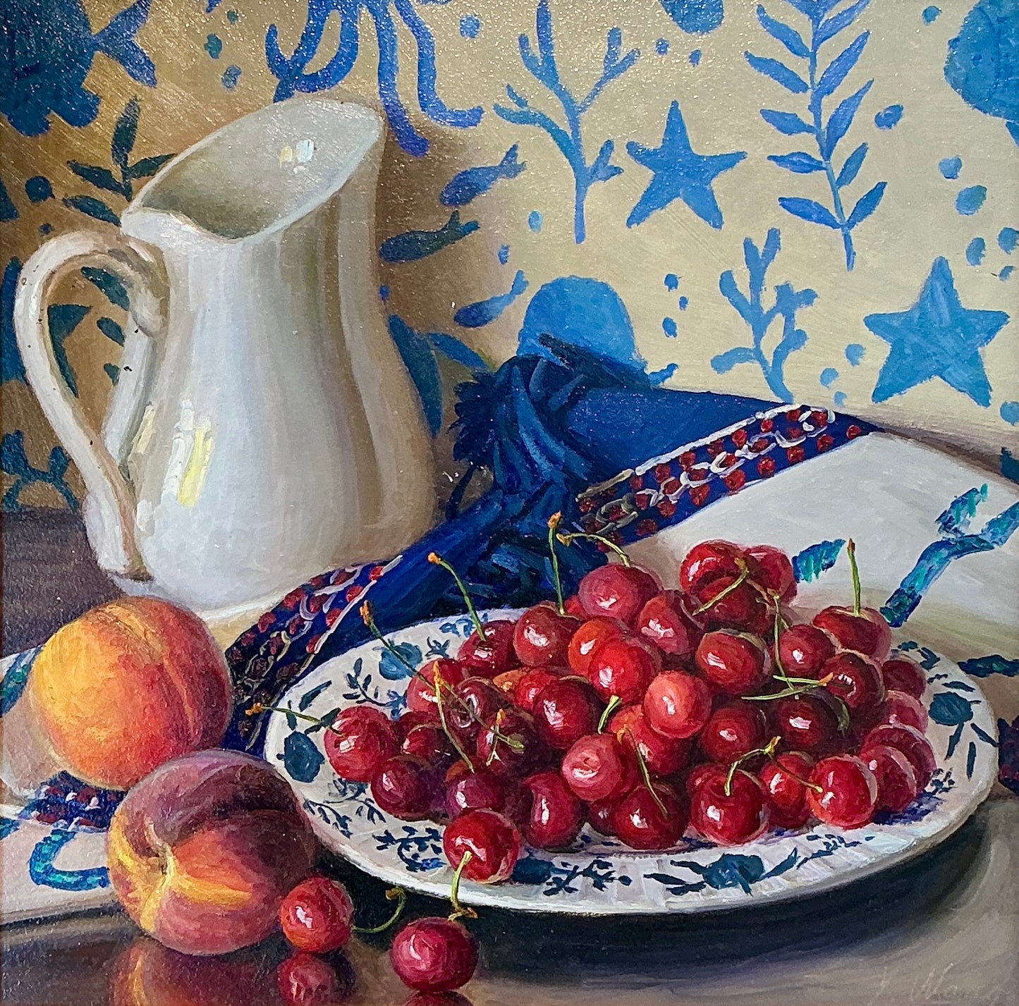 Youqing Wang Cherries, Peaches, and White Pitcher Still Life Oil Painting in Gold Frame