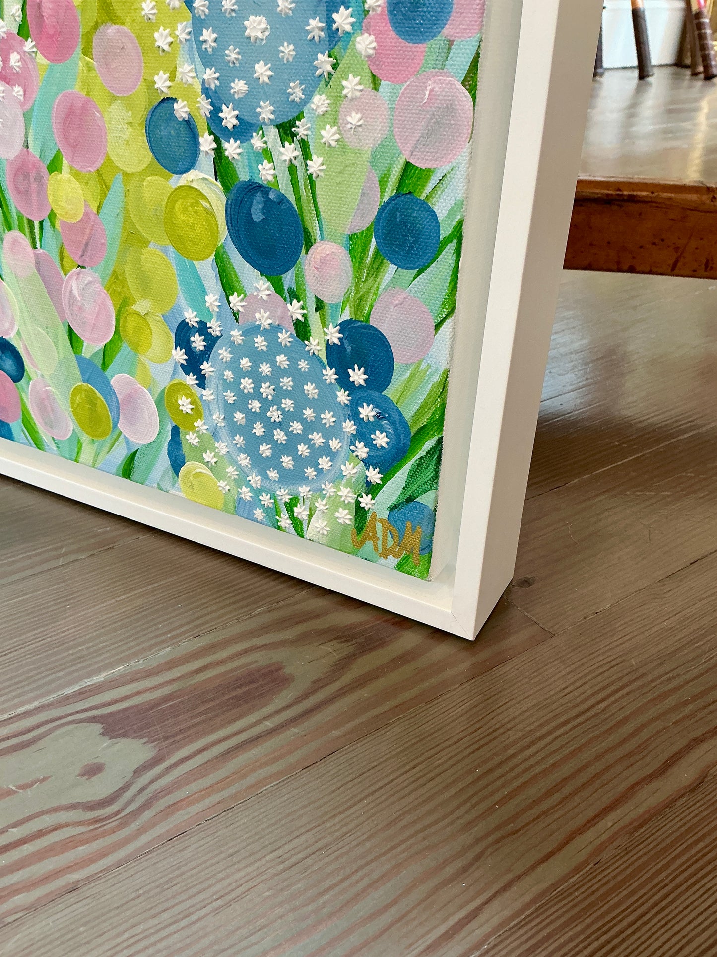 Alison Diamond McElroy In Bloom II Abstract Floral Painting in White Floater Frame
