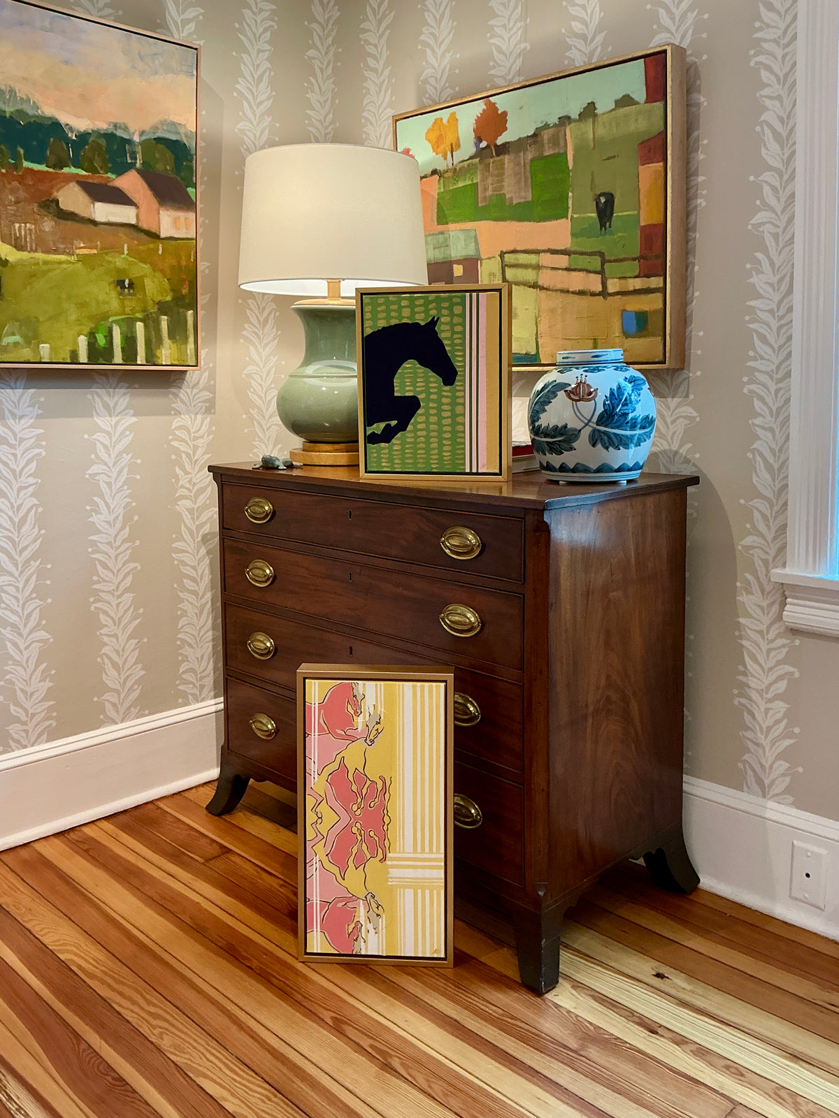 Heather Carey In Full Stride Horse Portrait Mixed Media in Gold Frame