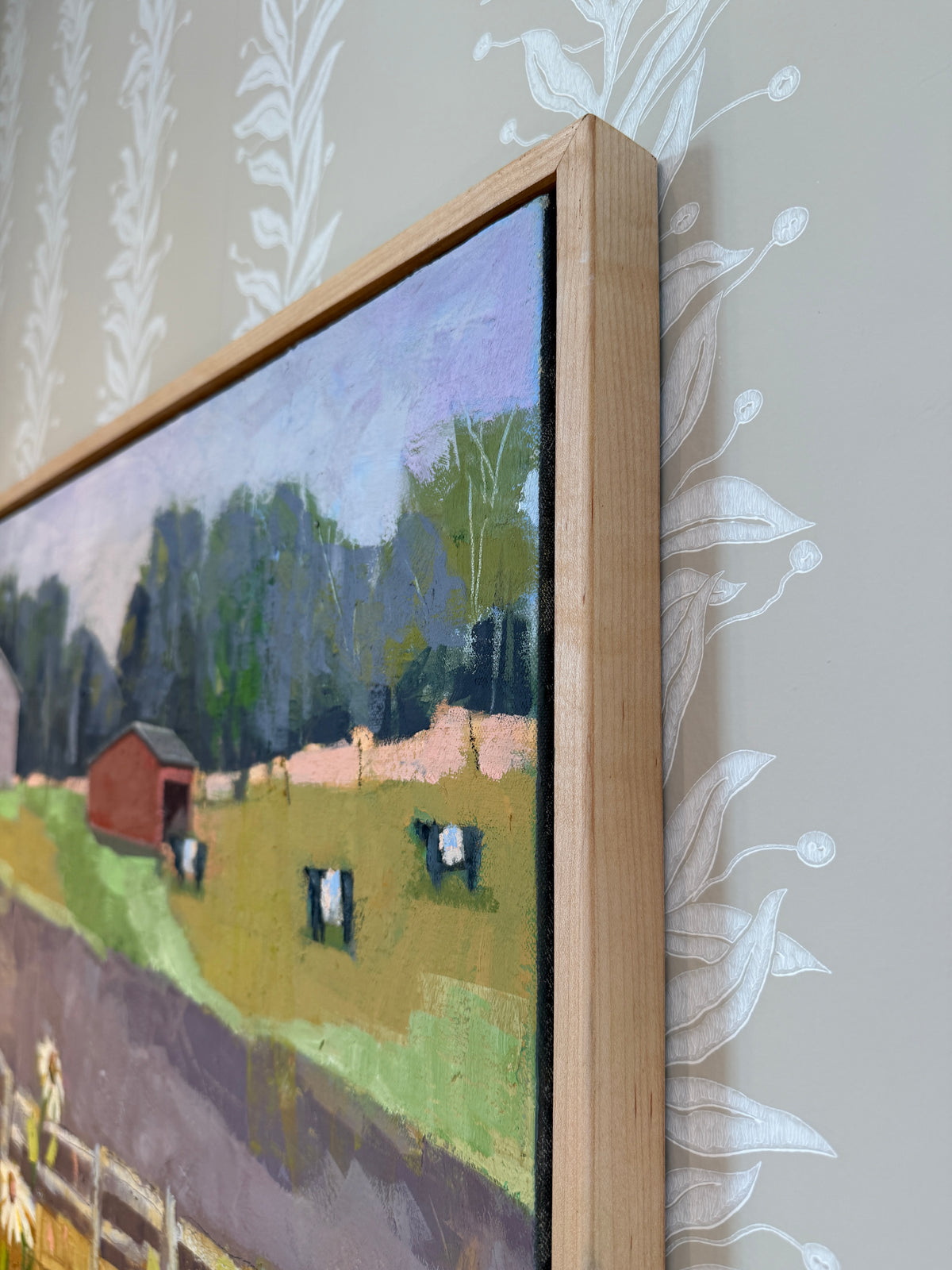 Carol Lesher Joy Landscape Oil Painting in Natural Wood Floater Frame