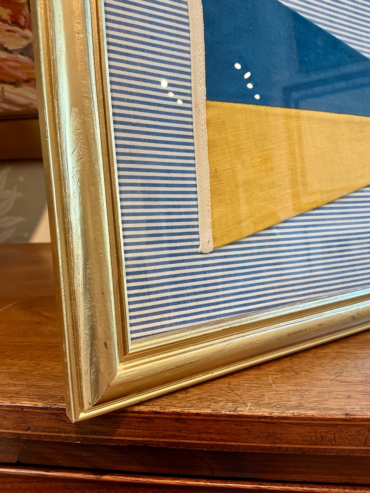 Vintage Stitched Nautical Canvas Flag on Blue Ticking Stripes in Gold Frame