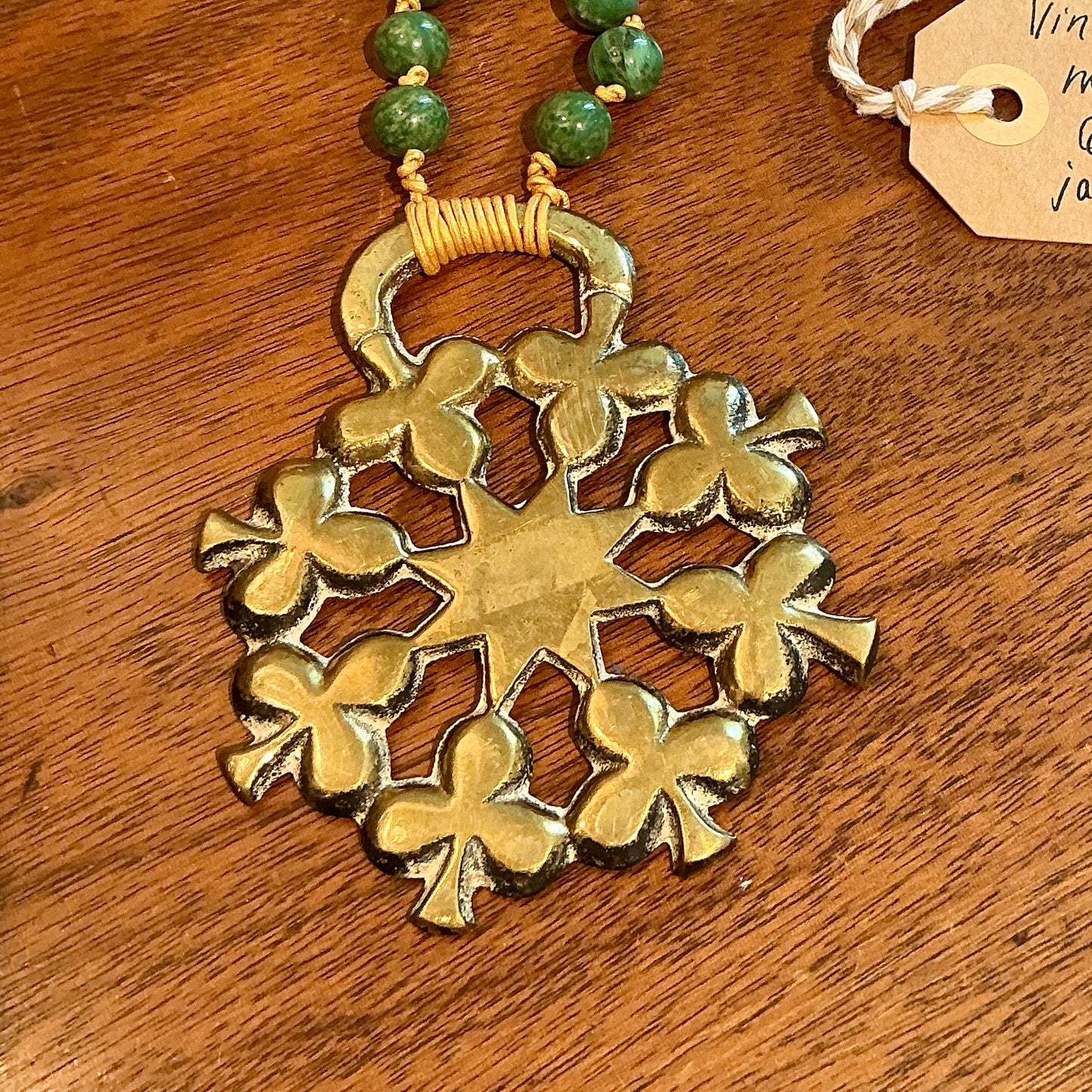 Antique English Horse Brass Clover Medallion Jade Beaded Hand Knotted Necklace