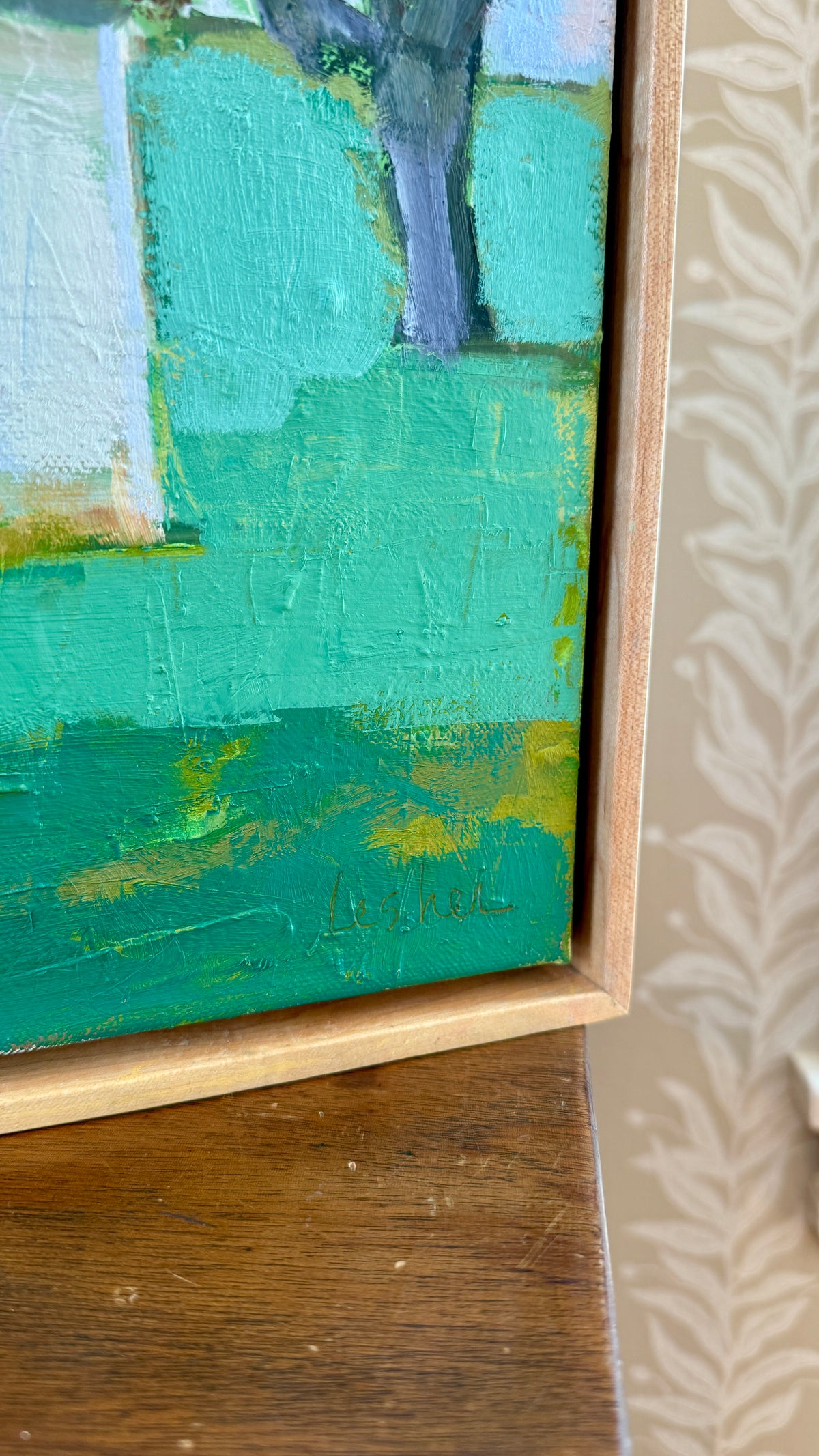 Carol Lesher Morning Landscape Oil Painting in Natural Wood Floater Frame