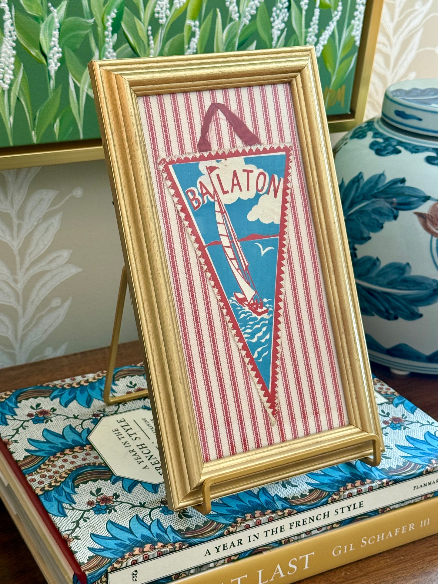 Vintage Mid Century Lake Balaton Pennant on Red Ticking Fabric in Gold Frame