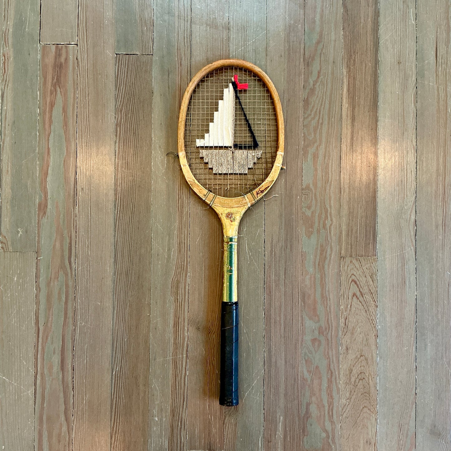 Vintage Embroidered Taupe Sailboat Tennis Racket