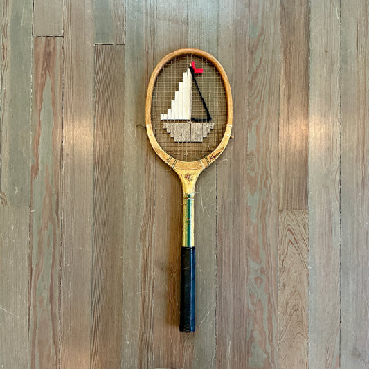 Vintage Embroidered Taupe Sailboat Tennis Racket