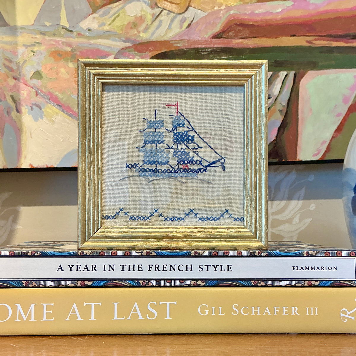 Vintage Sailboat Linen Embroidery in Gold Frame