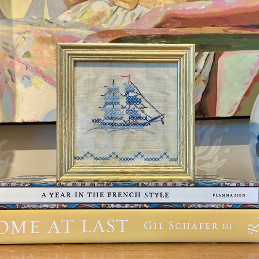 Vintage Sailboat Linen Embroidery in Gold Frame