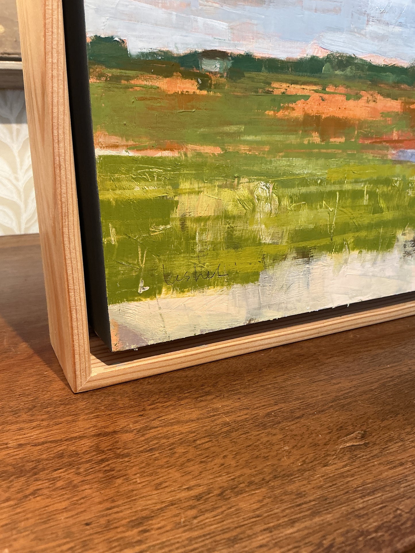 Carol Lesher After Supper Coastal Landscape Oil Painting in Natural Wood Frame