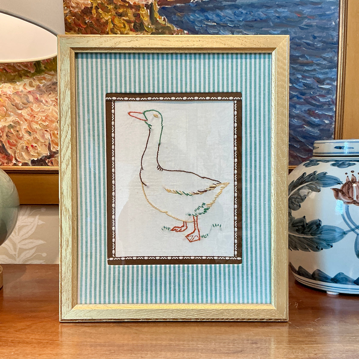 Early 20th Century Duck Redwork Embroidery on Green Stripes in Gold Frame