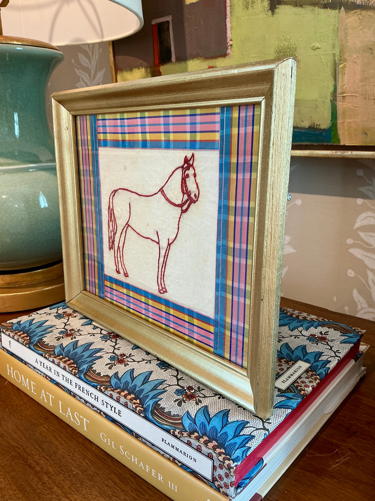 Antique Redwork Horse Embroidery in Plaid Ribbon in Gold Frame
