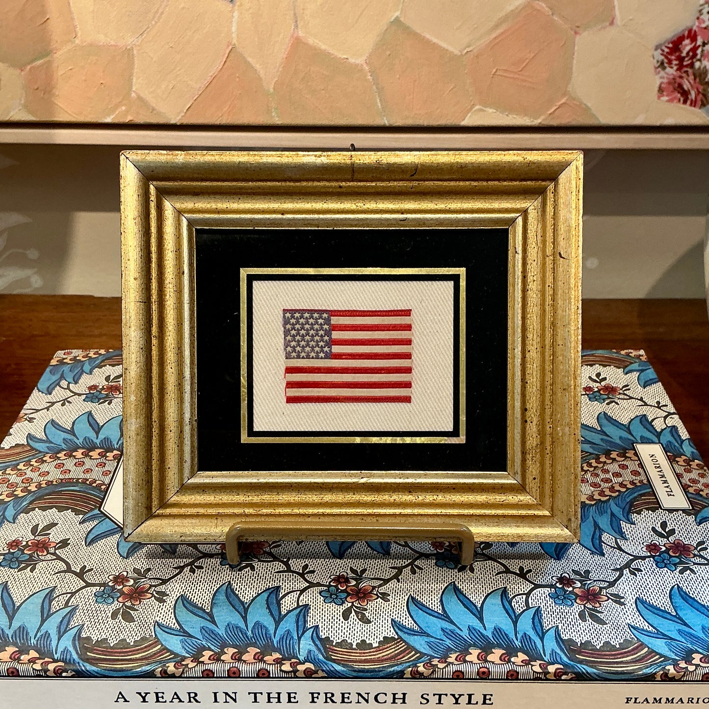 Antique 36 Star Silk American Flag on Ivory Duck Cloth in Gold Frame